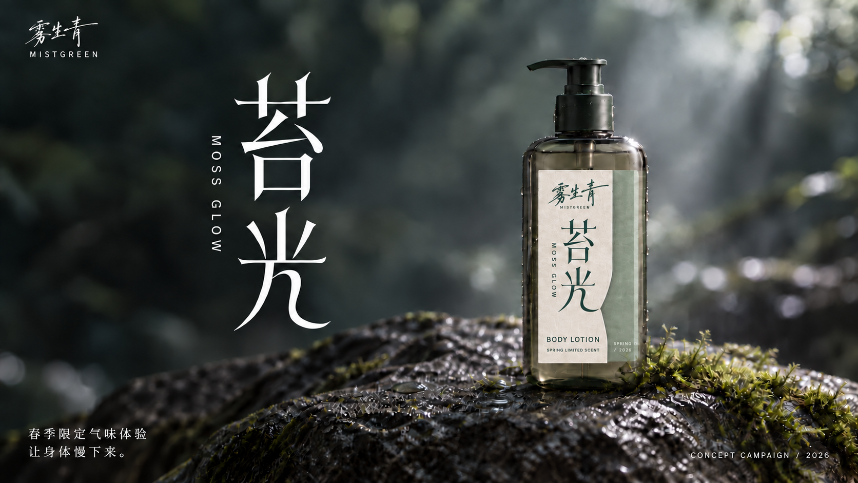 苔光春季限定身体乳置于湿润苔藓石面上的主视觉