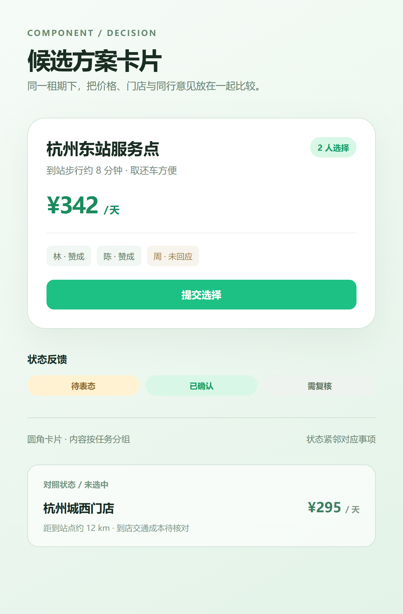 候选方案卡片与状态反馈组件示例